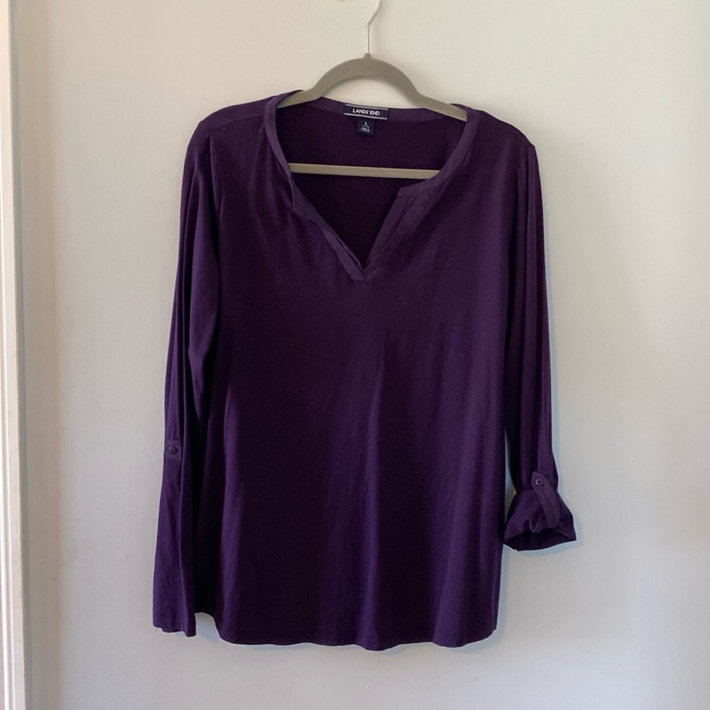 Lands End Tunic. Deep purple with 3/4 length or long sleeves. Size large